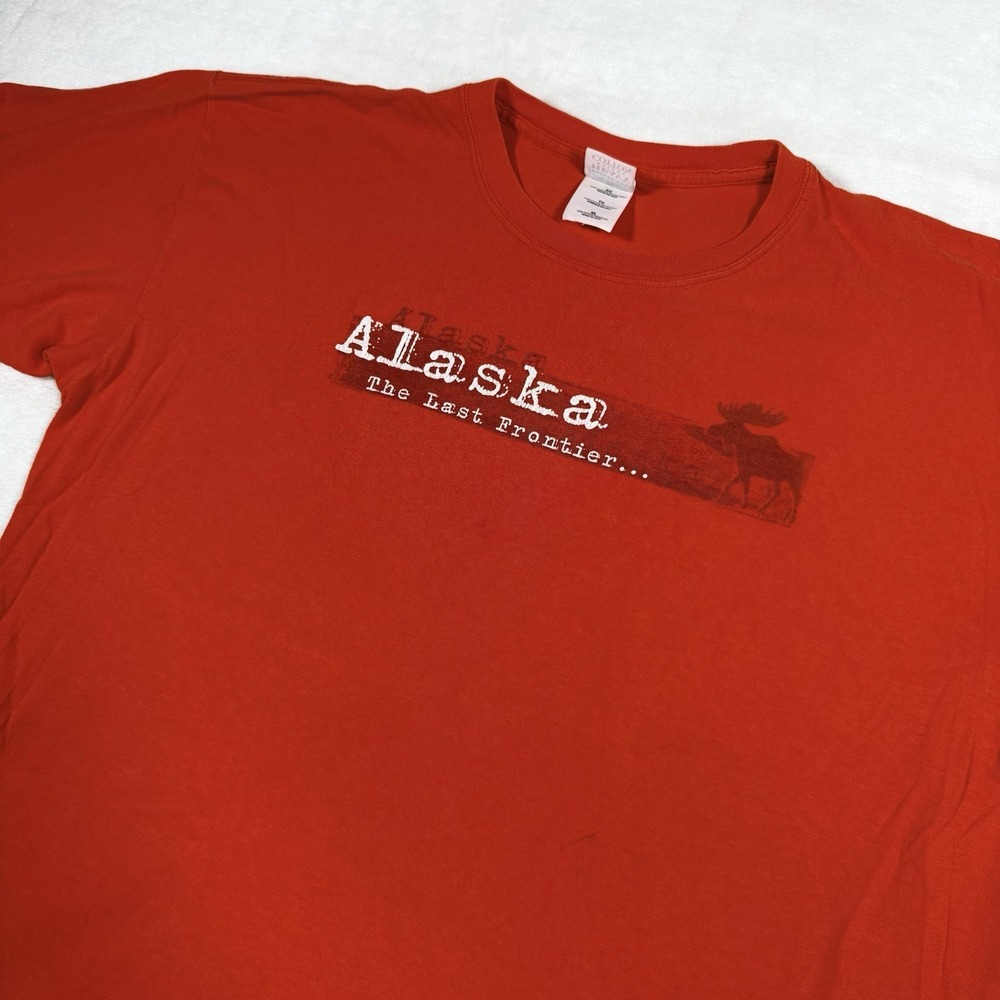Alaska The Last Frontier Graphic TShirt‎ Mens Size XL Logo Moose Mountain Orange